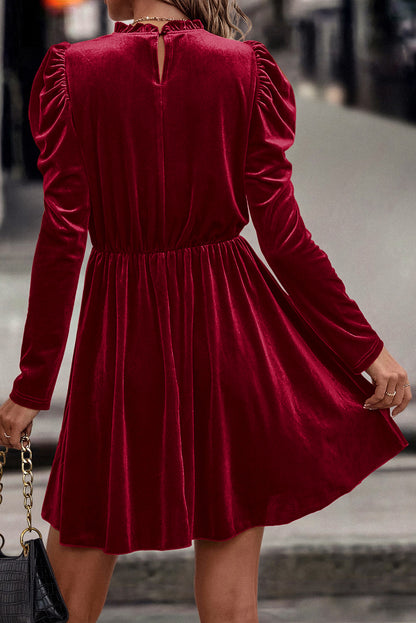 Red Dahlia Velvet Frilled Neck Gigot Sleeve Swing Dress