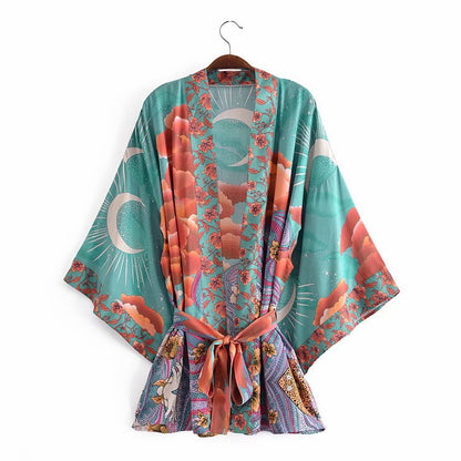 Cardigan ample ceinturé imprimé lune, kimono pour femme