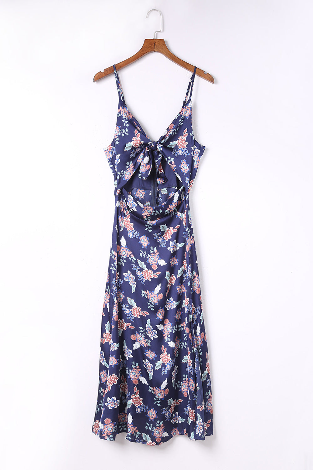 Robe longue bleue à imprimé floral avec nœud sur le buste et fente