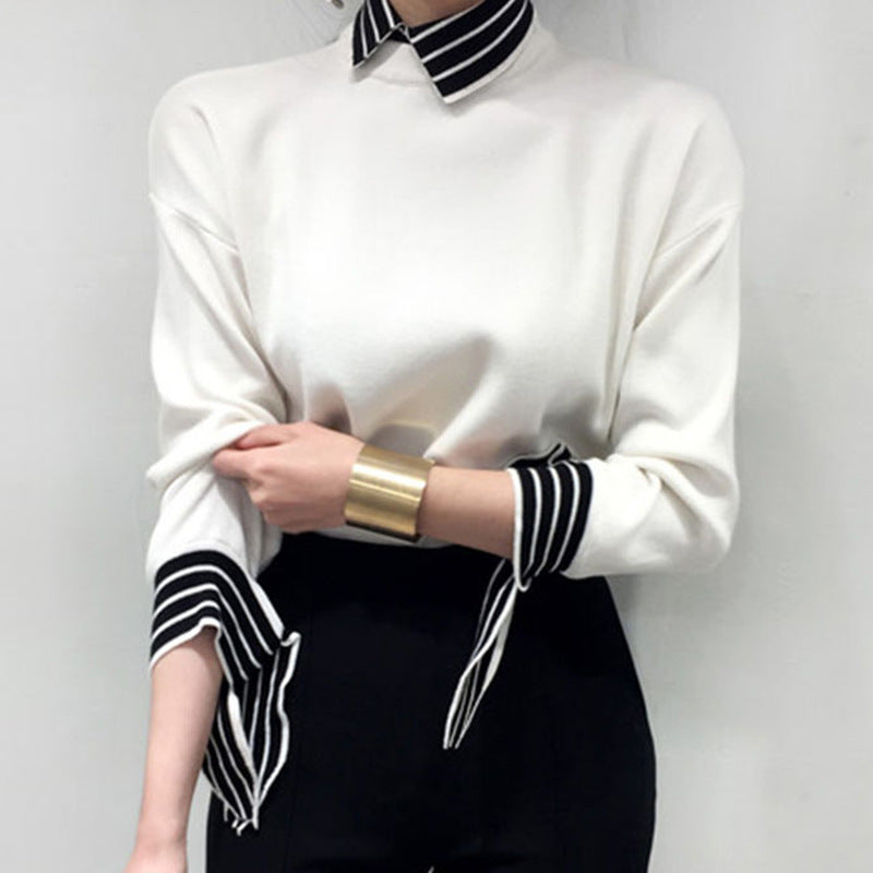 Slim-Fit Cuff Taped Striped Contrast Pullover Sweater Top