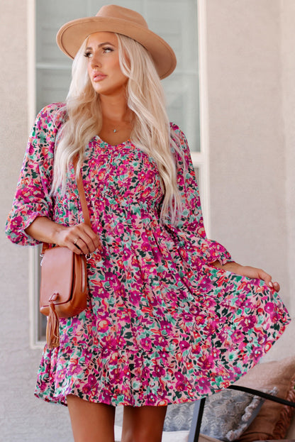 Purple Smocked V Neck Puffy Sleeve Floral Dress