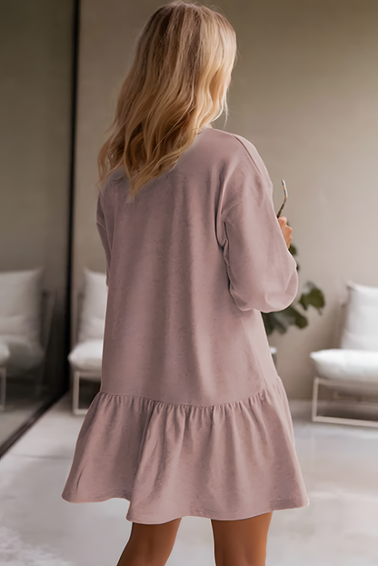 Dusty Pink Solid Color Puff Sleeve Ruffle Hem Mini Dress