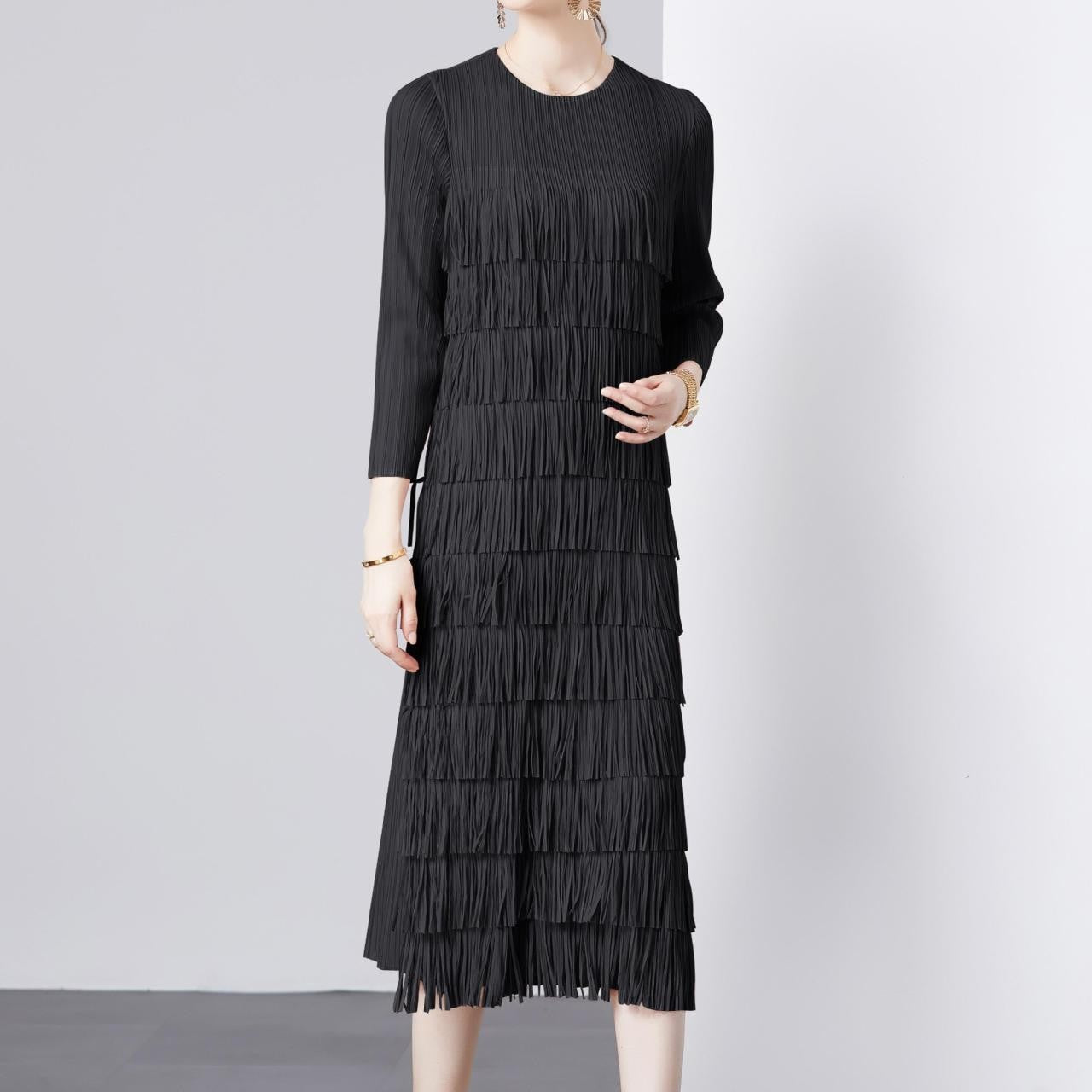 Three Quarter Sleeve Cake Dress Pleated