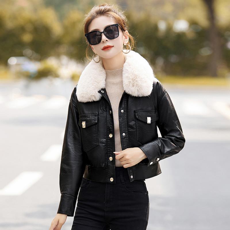 Women's Fleece-lined Coat Thickened Biker's Leather Jacket