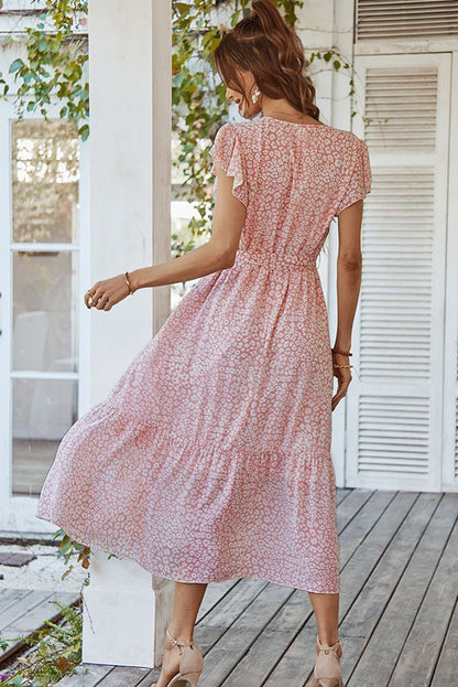 Pink Leopard Surplice Ruffled Sleeve Tiered Long Dress