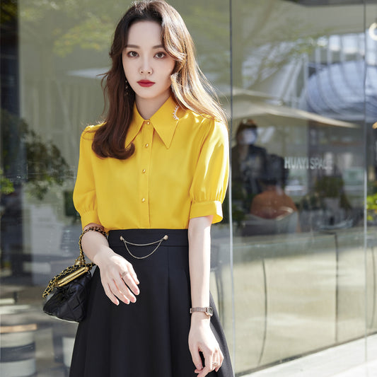 Fashion Short Sleeve Women's Yellow Shirt Business Wear