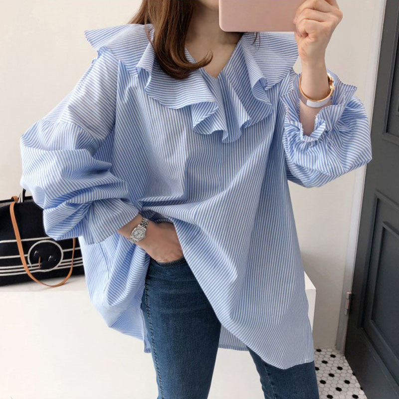 Loose And Thin V-neck Shirt With Ruffled Pullover