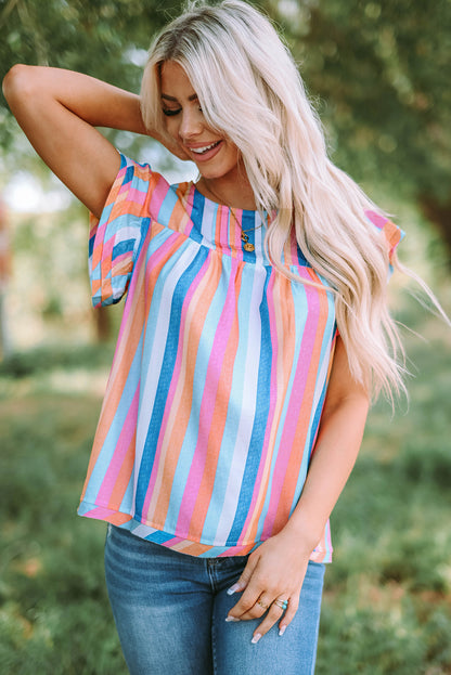 Blusa con mangas onduladas a rayas multicolores