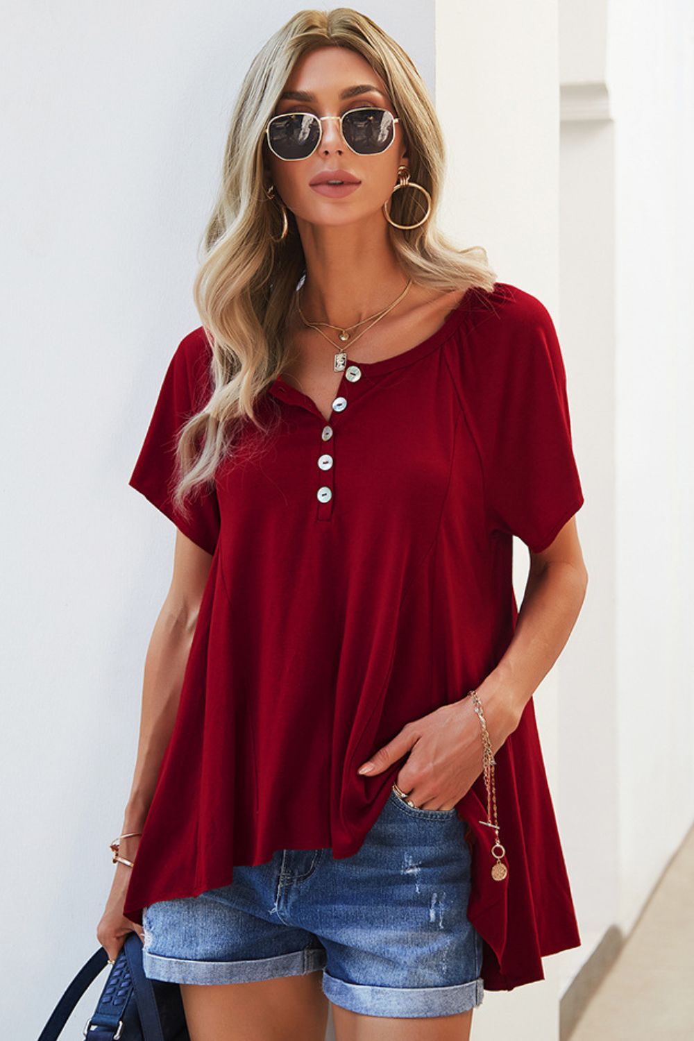 Quarter-Button Round Neck Puff Sleeve Top