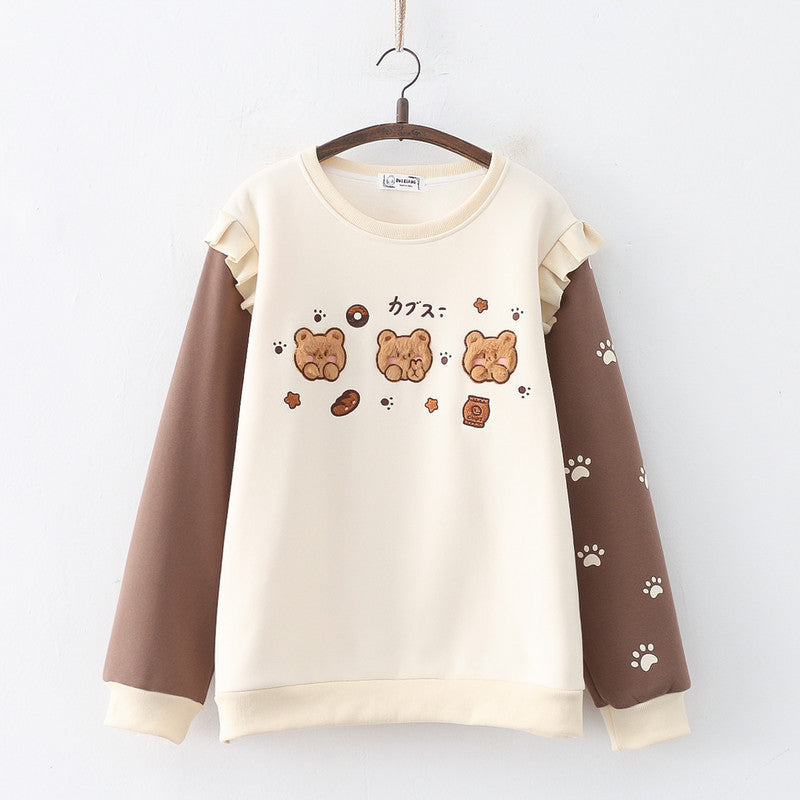 Women's Cartoon Three Bears Embroidered Fleece-lined Thickened Pullover Crew Neck Top Sweater