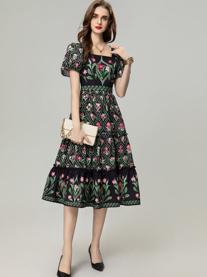 Vintage Print Romantic Dress Women