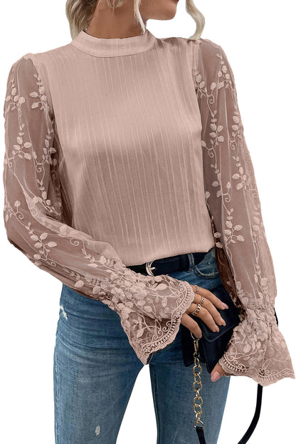 Blouse texturée à manches en dentelle contrastée rose abricot et col montant