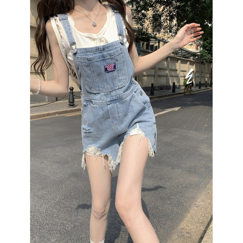 Women's All-match Denim Overalls Shorts Washed Ripped Wide Leg