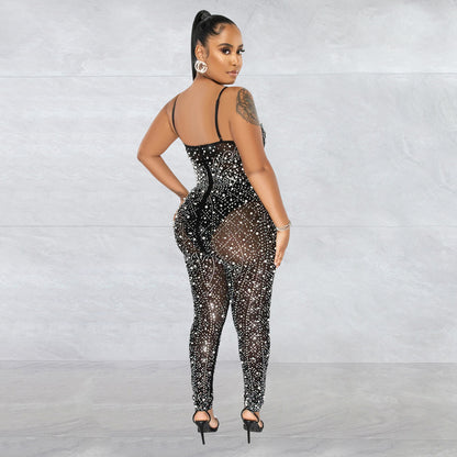 Women's Wear Pure Color Mesh Rhinestone Sleeveless Trousers Jumpsuit