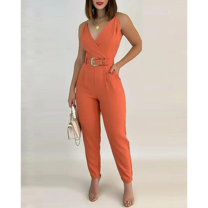 Women's Clothes V-neck Lace Up Solid Color Jumpsuit