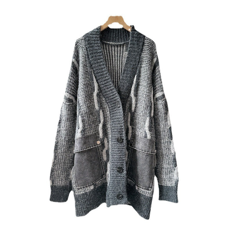 Cardigan pull en denim avec coutures de poche pour femme