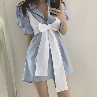 Small Design Feeling Front And Back Chest Strap Plus Medium Length Bubble Sleeve Shirt For Women