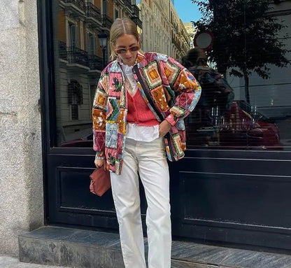 Chaqueta femenina holgada con cuello tipo polo a juego