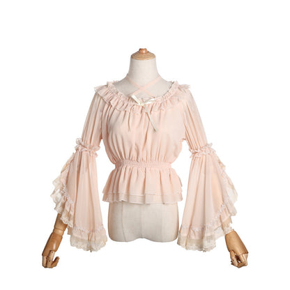 Blusa de gasa dulce para mujer Top Lolita con cuello cruzado y manga acampanada para verano