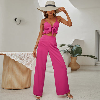 Rose Red Sling Tube Top Backless Top Women's Long Bell-bottom Pants Suit