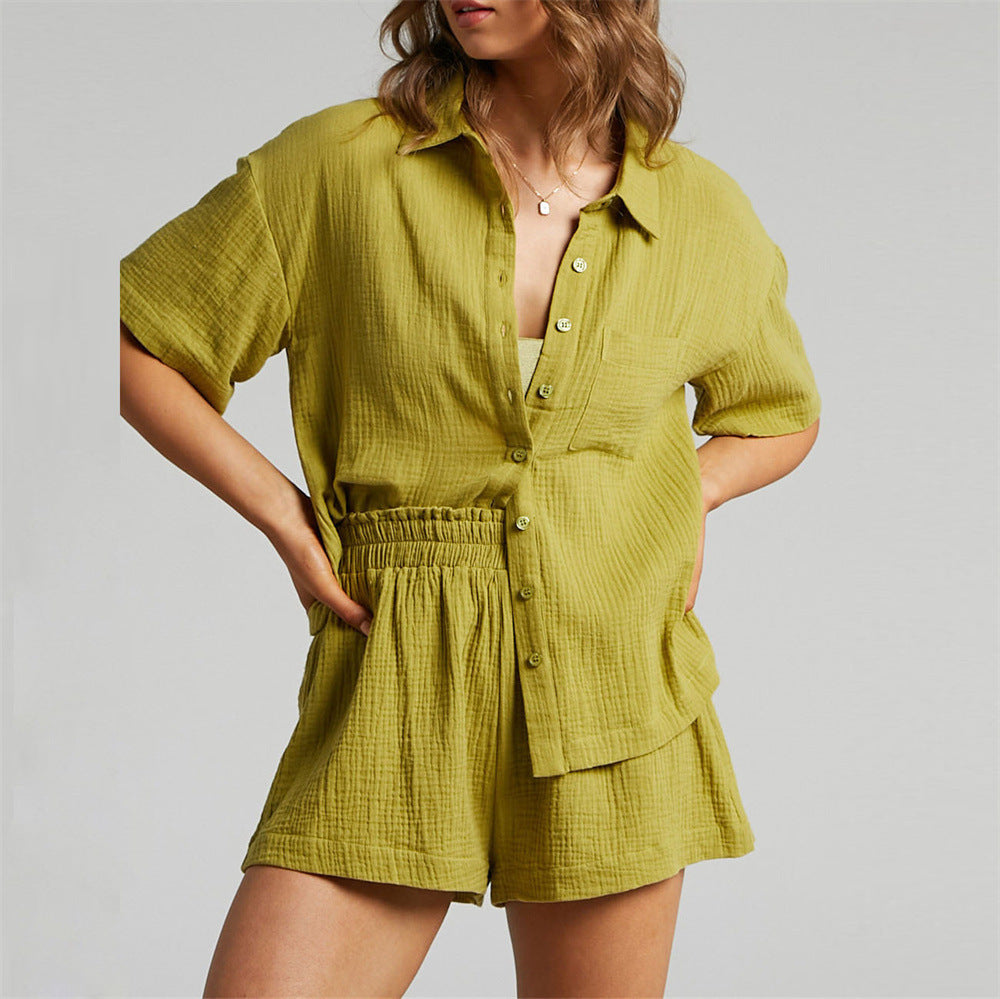 Women's Casual Loose Solid Color Shorts Shirt Two-piece Suit