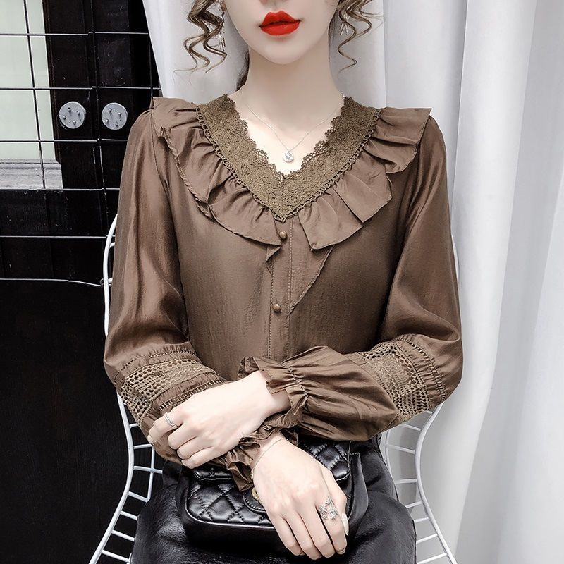 Lace Stitching V-neck Bottoming Blouse Western Style All-match Shirt Shirt Women