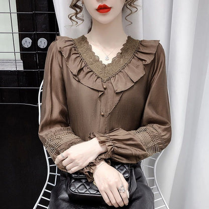 Blusa con cuello en V y costuras de encaje, camisa que combina con todo de estilo occidental, camisa para mujer