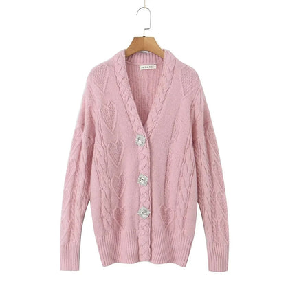 Women's American-style V-neck Rhinestone Buckle Heart-shaped Twist Knitted Sweater