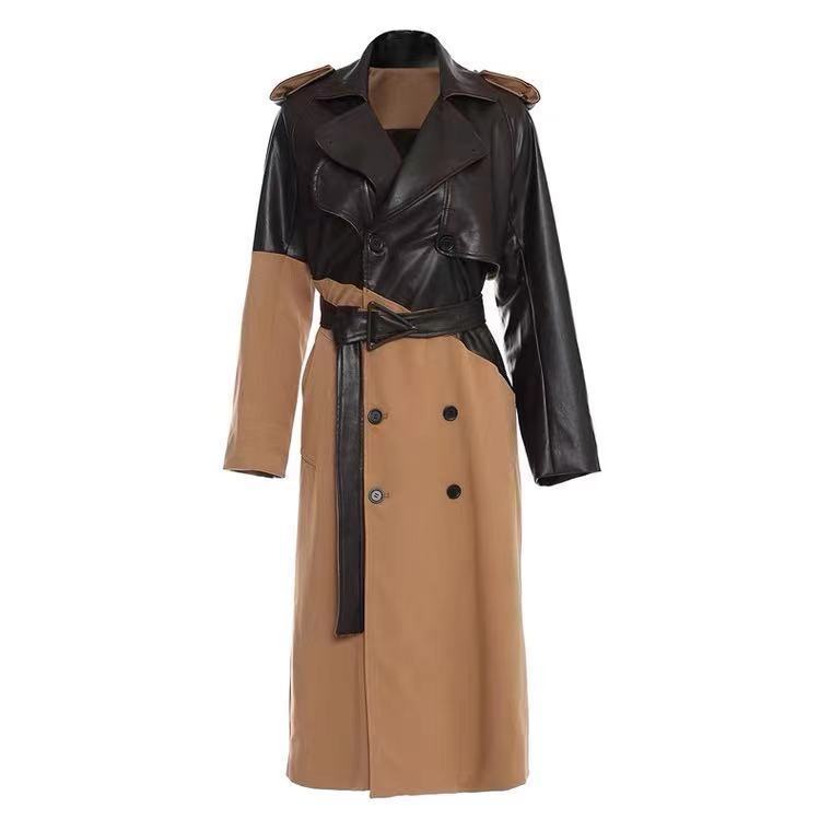 Leather Stitching Trench Coat Elegant Tied Double Breasted Fitted Waist Over The Knee