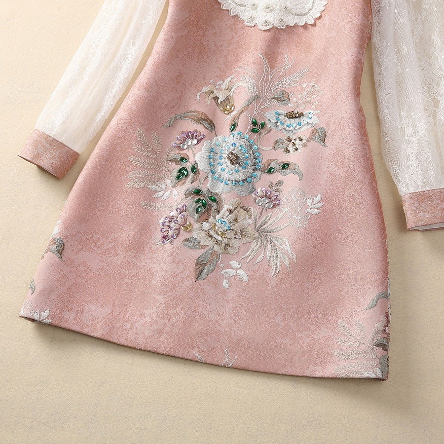 Pearl Buckle Brocade Jacquard Water Soluble Long Sleeve Dress