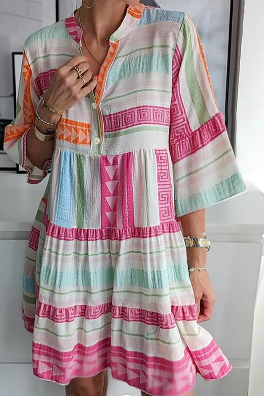 Multicolour Boho Geometric Print Bracelet Sleeve Buttoned Mini Dress