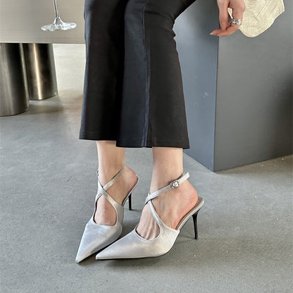 Elegant Pointed Toe Spring And Summer Light Satin Sandals Cross Strap Kitten Women's High Heels