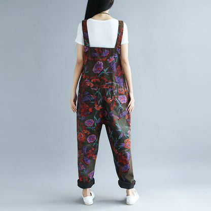 Print Distressed Big Crotch Ripped Pastoral Style Suspender Pants