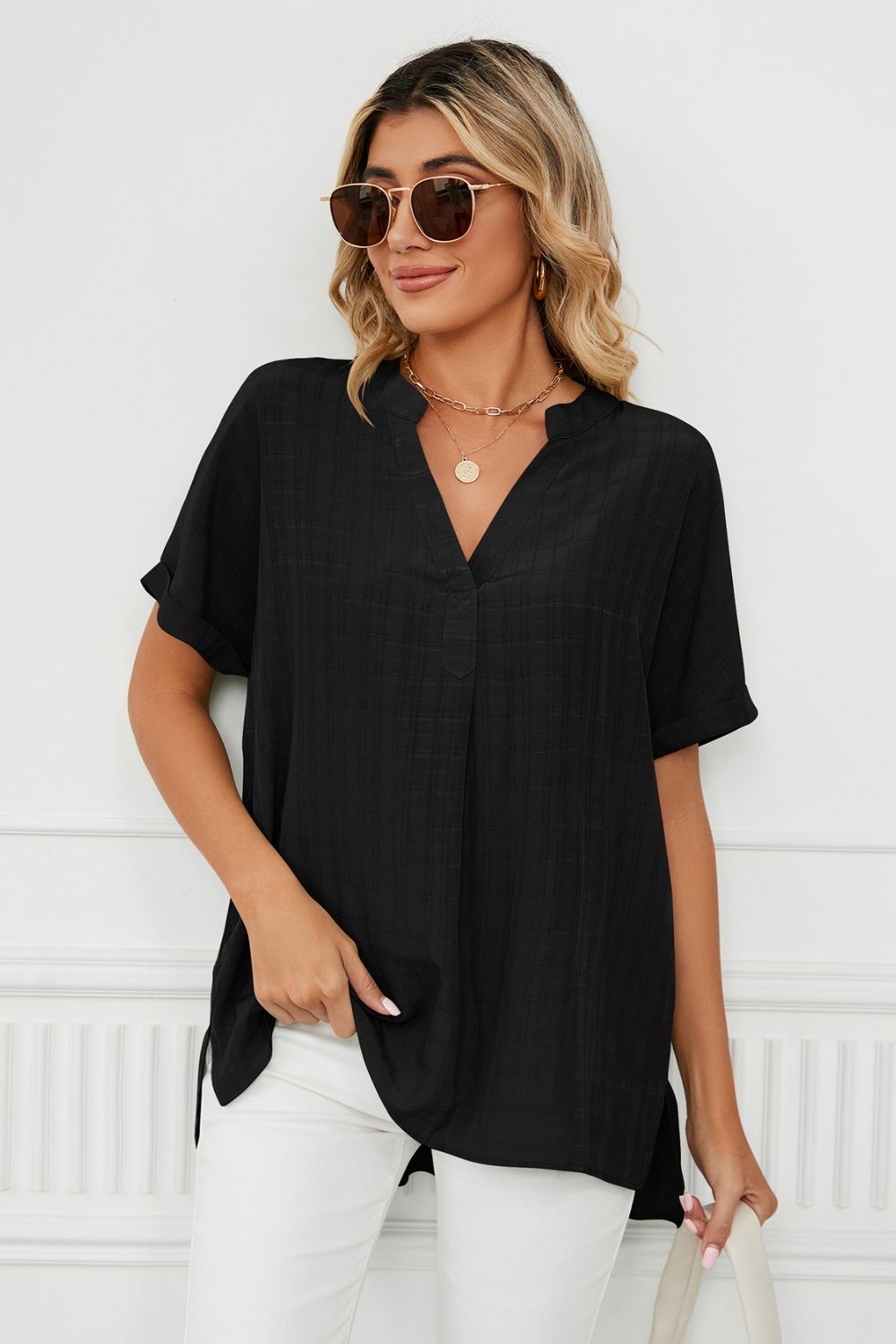 Side Slit Notched Neck Cuffed Short Sleeve Blouse