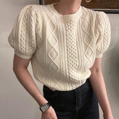 Pull tricoté court à manches bouffantes pour femme