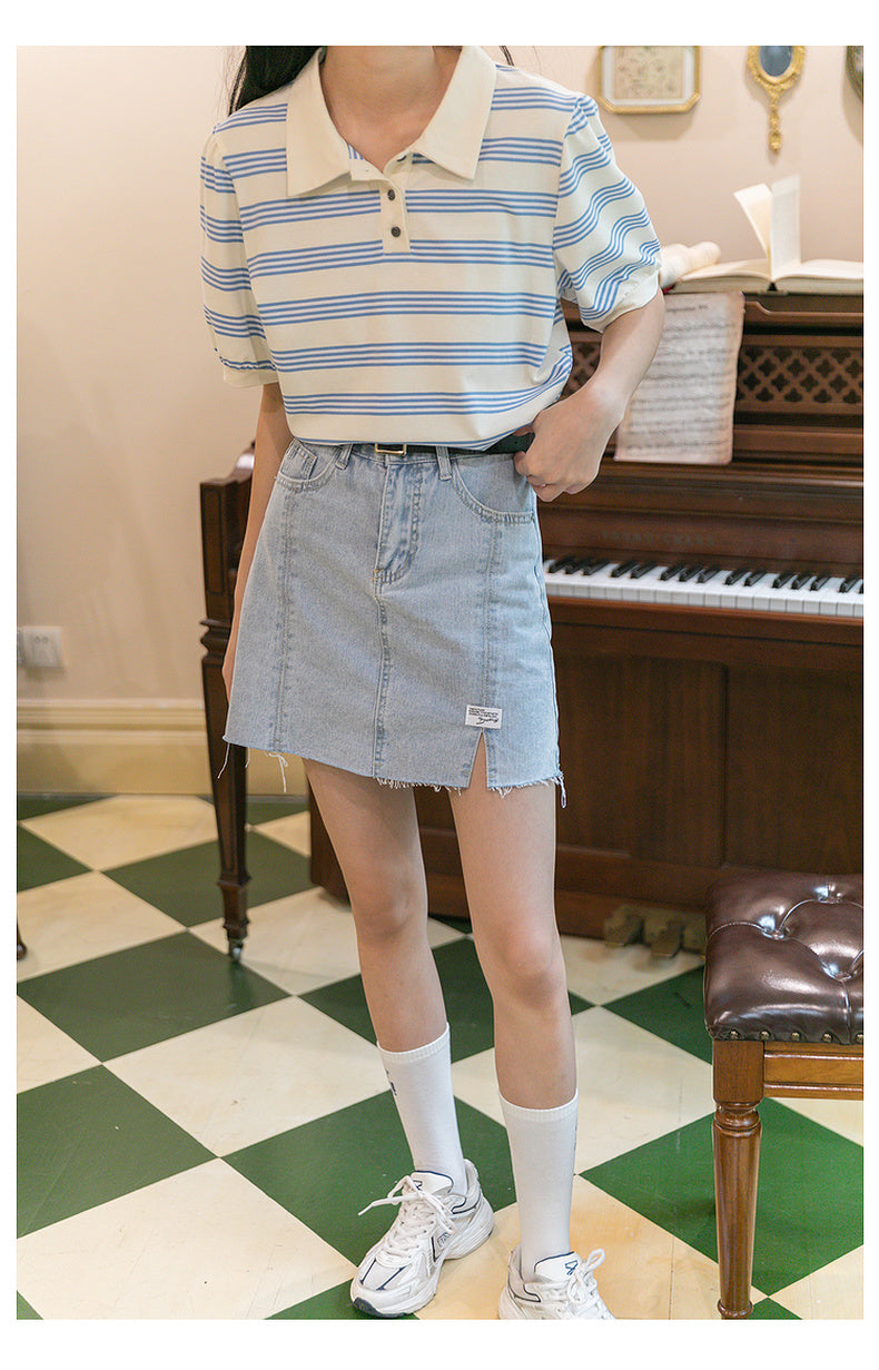 Striped Cotton Short Sleeved T Shirt Lapel Korean Style Design Loose Top