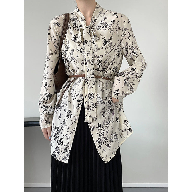 Ink Floral Mid Length Top Long Sleeve Shirt