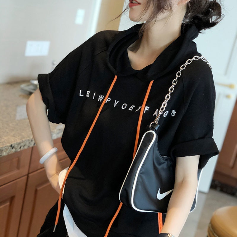 Women Loose Hooded T Shirt Short Sleeves