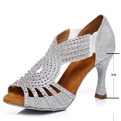 Zapatos de baile latino con diamantes de colores llamativos y tacón alto brillante con suela suave