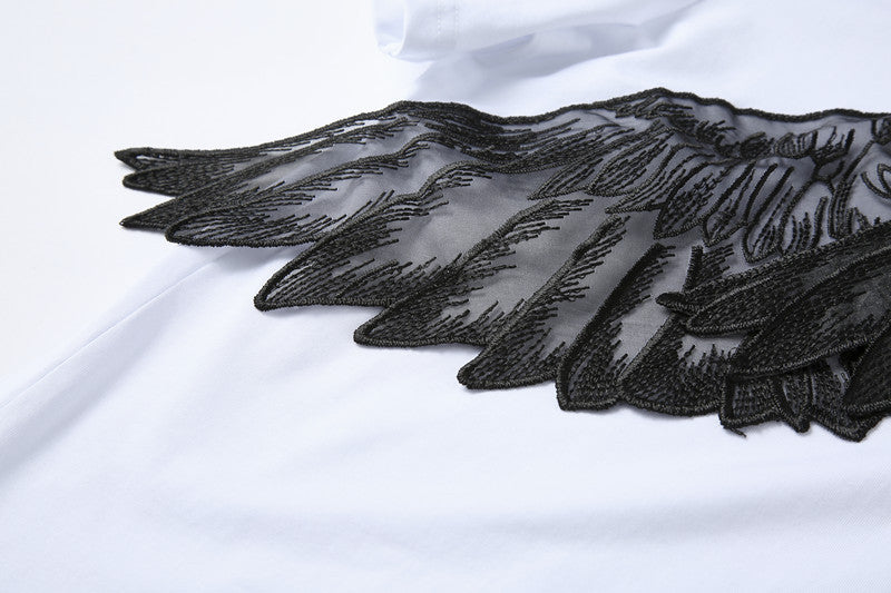 Short Sleeve Design Personality Blouse With Angel Wings Embroidery Applique T-shirt For Women