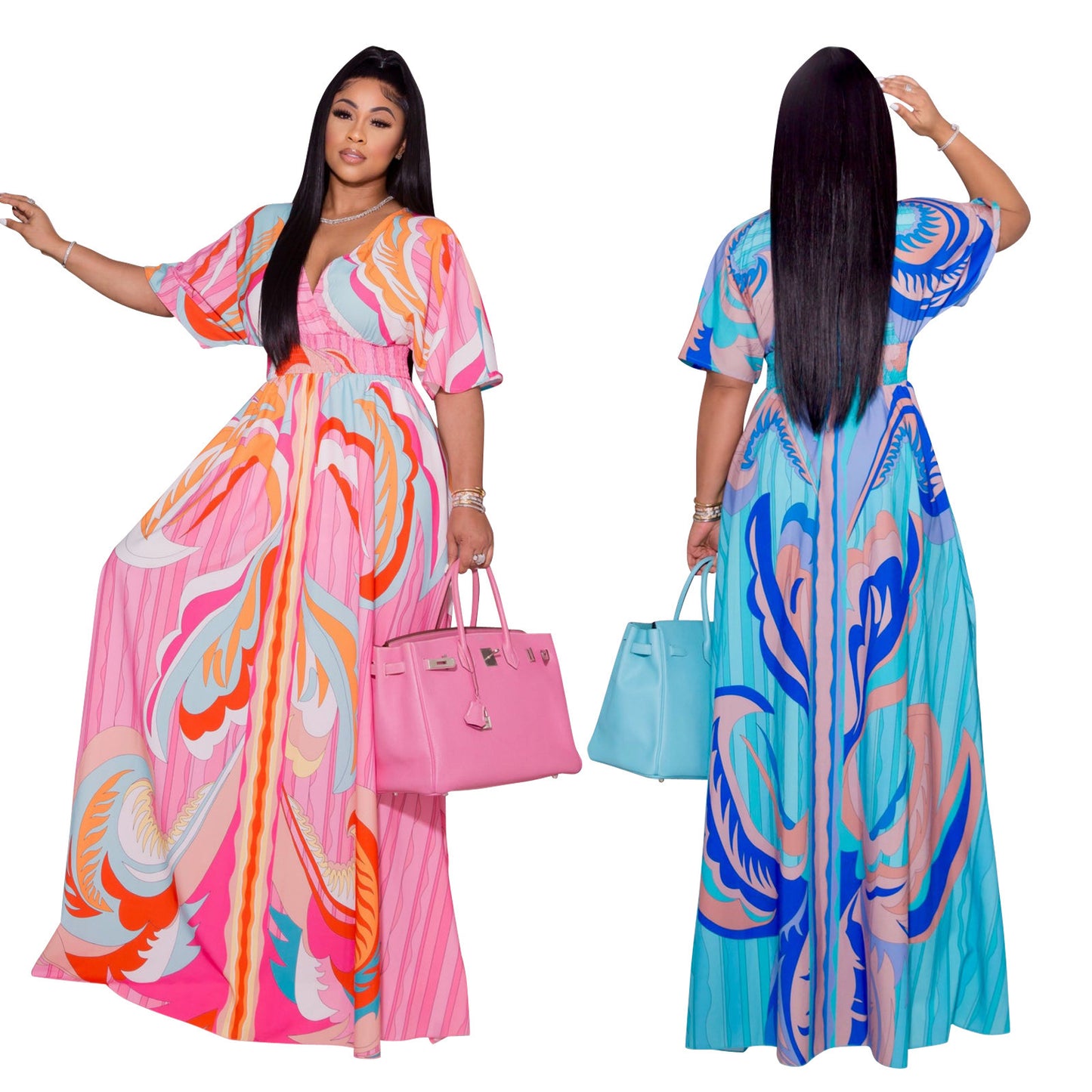 Printed Butterfly Sleeve Women's Large Swing Side Slit Dress