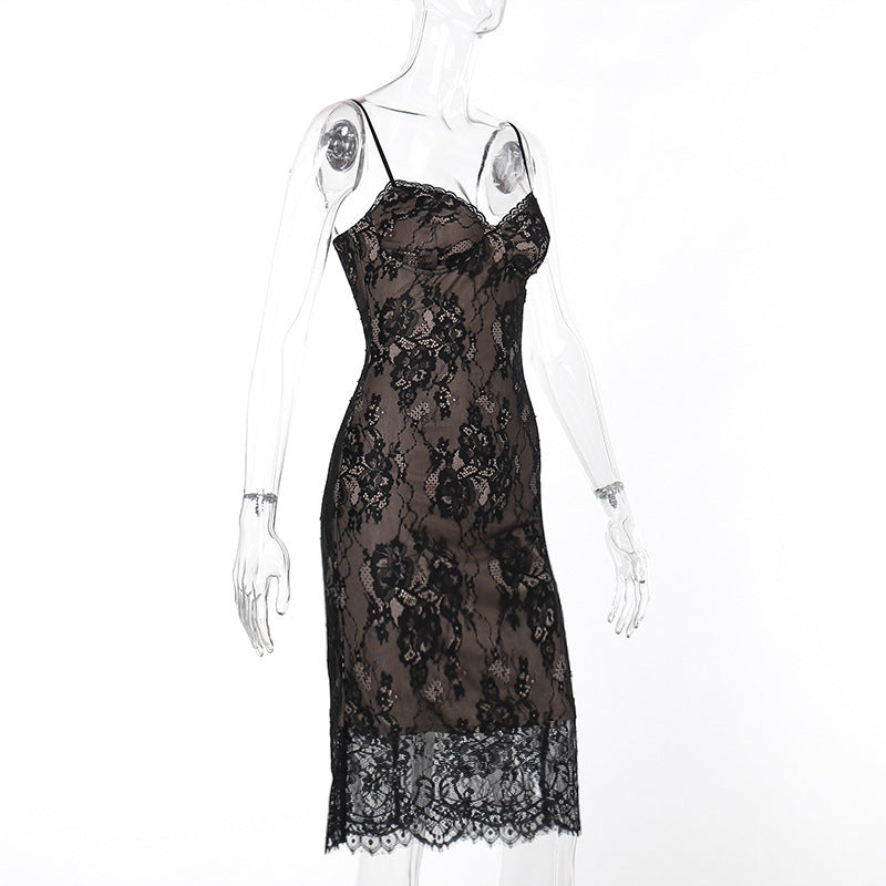 Waist-tight Sheath Dress Eyelash Lace Sling Dress