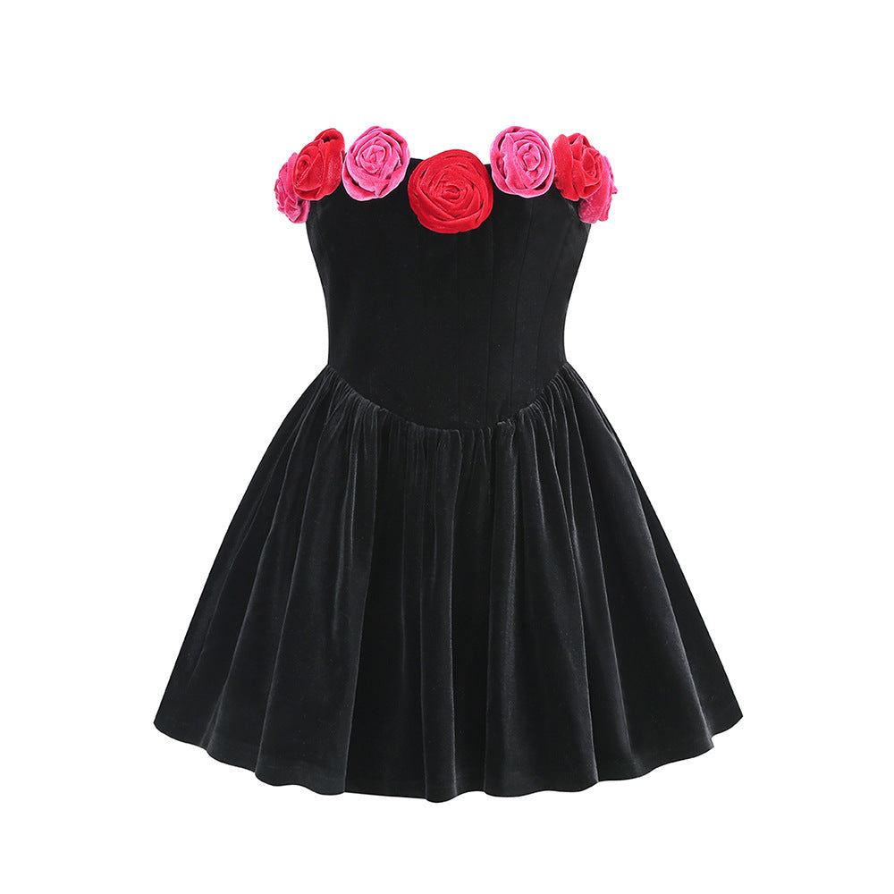 Women's Tube Top Flower Decoration Contrasting-color Dress