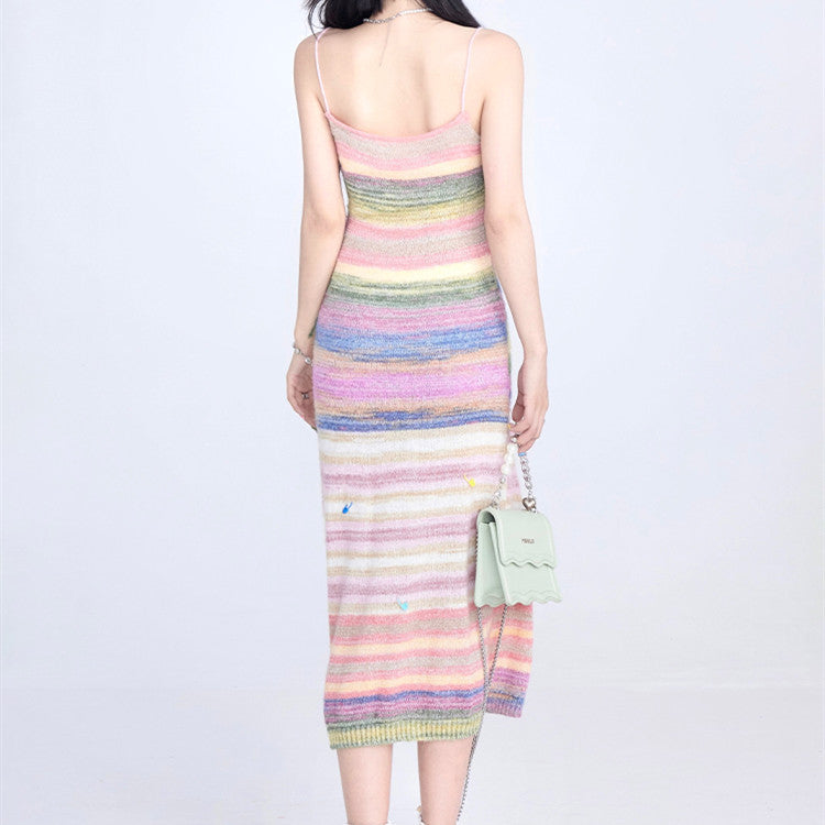 Female Xia Dopamine Dressing With Spicy Girl Slim Fitting Colorful Striped Suspender Dress