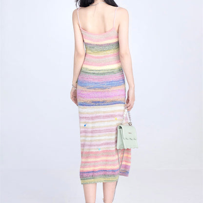 Female Xia Dopamine Dressing With Spicy Girl Slim Fitting Colorful Striped Suspender Dress