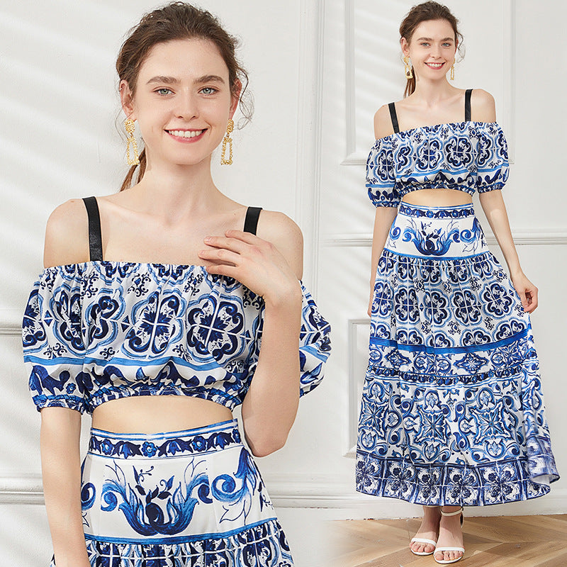 Summer Boat Neck Off-the-shoulder Short Tube Top High Waist Long Skirt Two-piece Set Fashion Suit