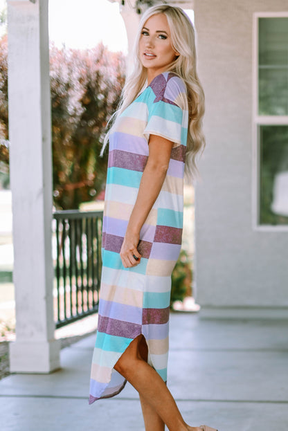 Striped Color Block V Neck T Shirt Midi Dress