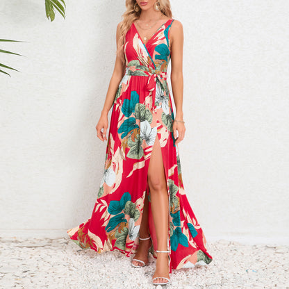 Double V-neck Sleeveless Slit Printed Long Sling Dress