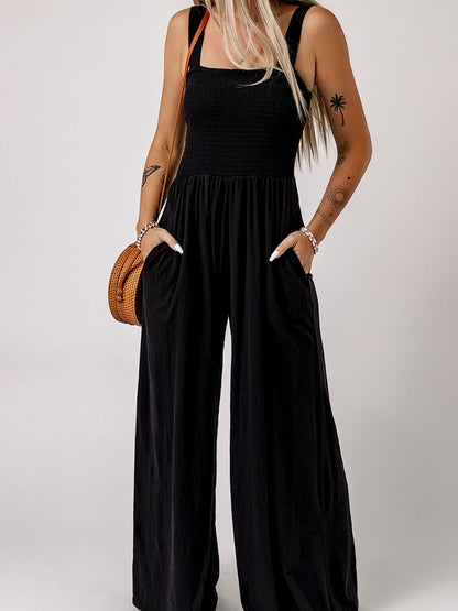 Shiying Black Square Collar Smocking Pleated Jumpsuit Women's Wide Leg Pants