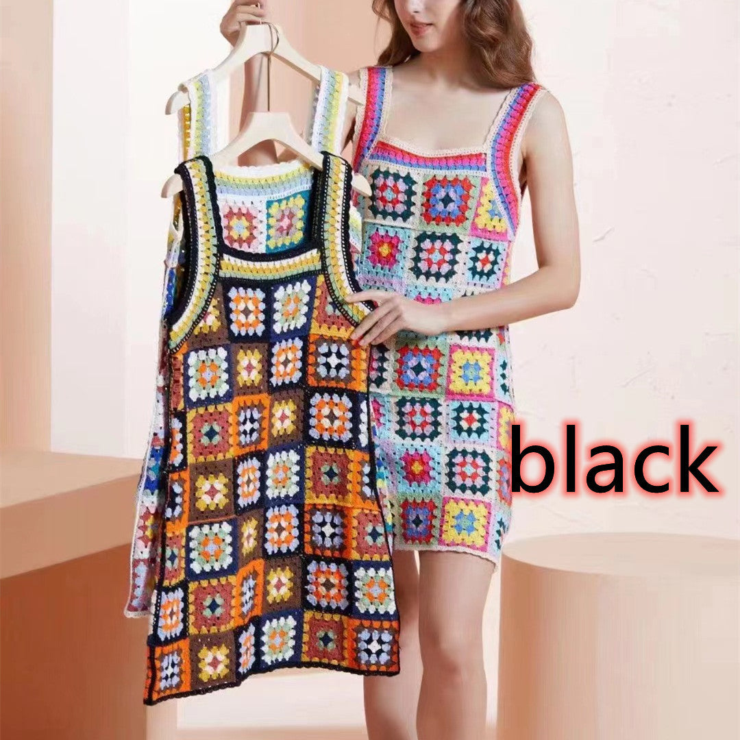 Ethnic Style Contrast Color Heavy Industry Crochet Cutout Sling Dress